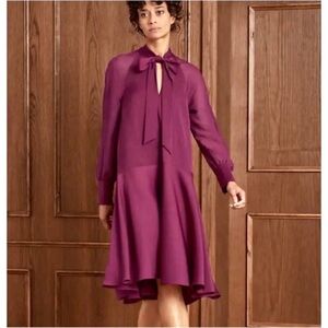 ME+EM Sheer Sleeve Satin Swing Dress Tie Neck Drop Waist 6 Fall Office Career